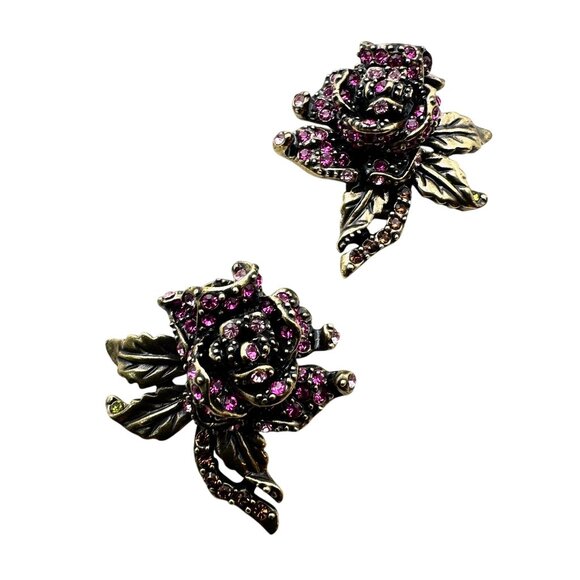Heidi Daus Pink Multicolor Crystal Rose Bronze Clip Earrings - Picture 1 of 3